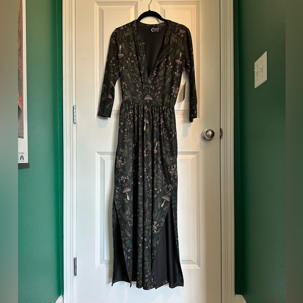 Midnight Hour Forest Witch and Mushrooms Black Maxi Dress with Pockets